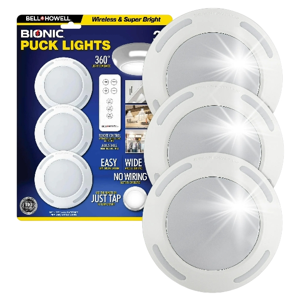 Bell and Howell Puck Lights Under Cabinet Lighting 3 Pack LED Bulbs with Remote Control
